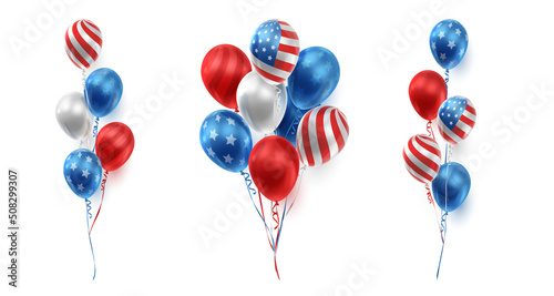 Set of bouquets of realistic balloons in American, USA color and ribbons. Vector illustration for card, party, design, flyer, poster, banner, web, advertising.