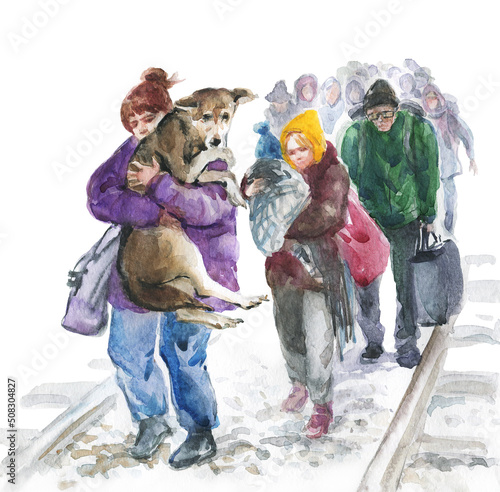 Women, men, children, dog, refugees. Hand drawn crowd, mother with baby. Watercolor sketching isolated illustration.