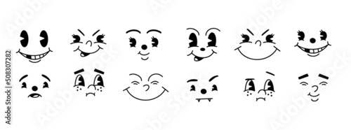 Vintage 50s cartoon and comic happy facial expressions. Old animation funny face caricatures. Retro quirky characters smile emoji set. Cute avatars with big eyes, cheeks and mouth