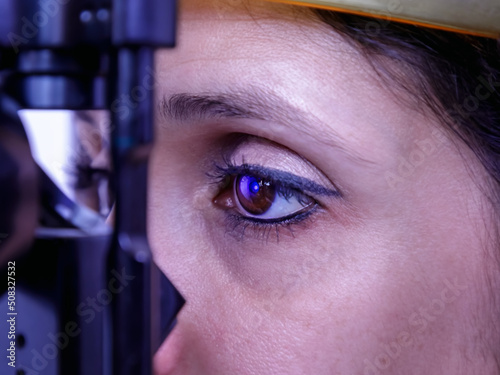 Eye medical examination. Eye doctor visits the patient using a special tool. Pachymetry is a diagnostic test that allows measurement of the thickness of the cornea.