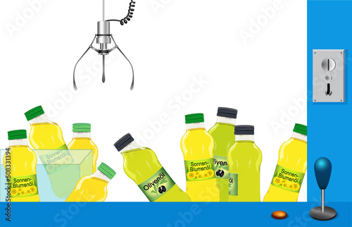 Speiseöl Automat, Sonnenblumenöl Automat, Olivenöl Automat mit Greifarm des Greifautomaten, Vektor Illustration isoliert auf weißem Hintergrund 