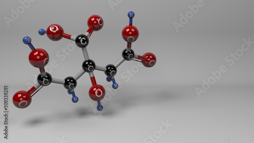 Citric acid molecule. Molecular structure of citric acid, natural compound found in lemon and other citrus fruits, pineapples, and even animal tissues. Footage available.