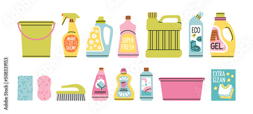 Set with household chemicals, cleaners, basin, brush, sponges, bucket etc. For dishwashing, house cleaning and laundry. Hand drawn vector illustration isolated on white background in trendy colors.