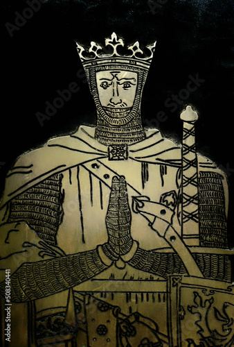 Robert the Bruce, crowned first King of Scotland in 1306. Image from brass tomb covering in Dunfermline Abbey