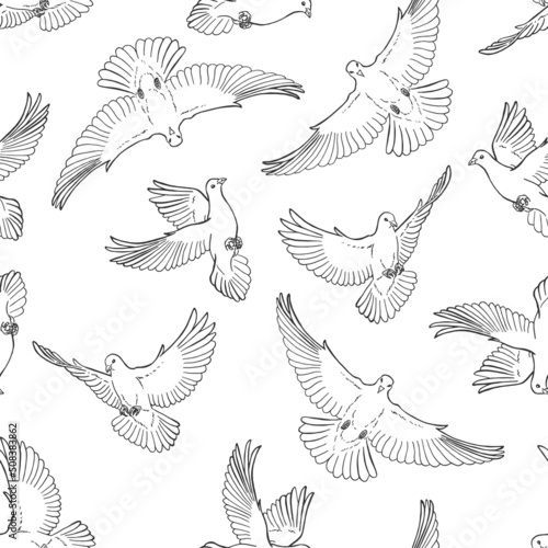 Seamless pattern with hand drawn dove outline. Line art style.