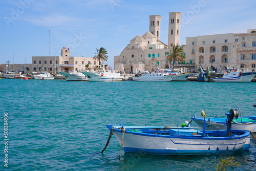 Molfetta, Puglia, Italy, view of the beautiful harbor with the typical colored boats. 