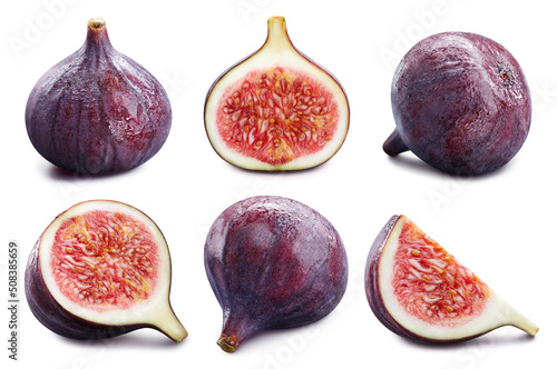 Collection fig isolated on white background. Taste fig with leaf. Full depth of field with clipping path