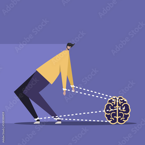 Conceptual illustration of imaginary strings of brain pulling back a man from moving ahead