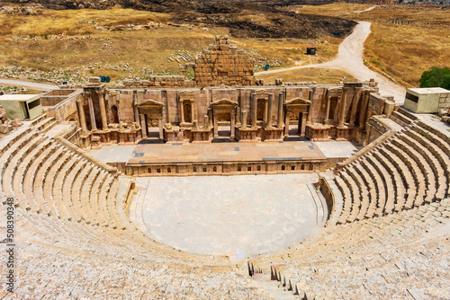 Jerash, Jordan - June 5 2019: The perfectly preserved south theater of Jerash