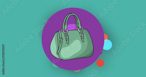 Image of blue handbags over colourful circles on blue background