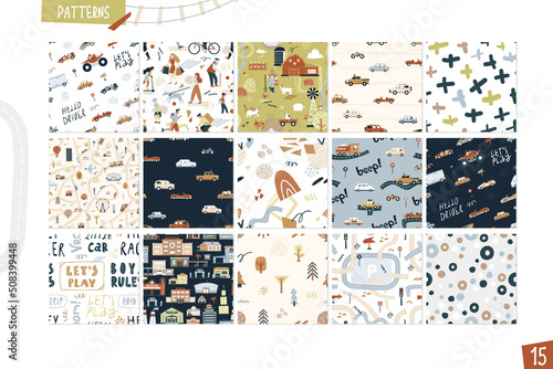 Set of seamless patterns city life. Cartoon funny illustration isolated on white background. Vector