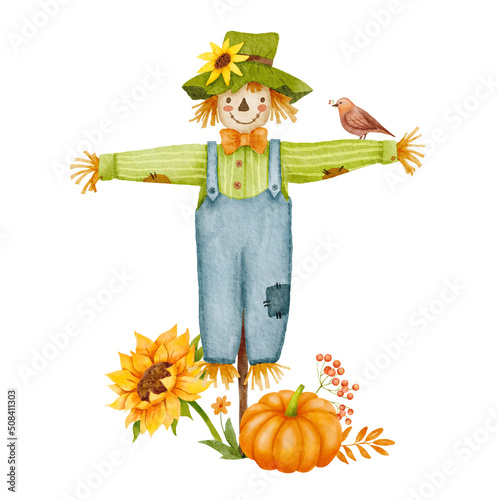Watercolor scarecrow character with bird, sunflower and pumpkin isolated on white. Autumn decor. Fall composition