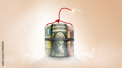 Rolls of world global money symbolizing bomb - dynamite with lit fuse
