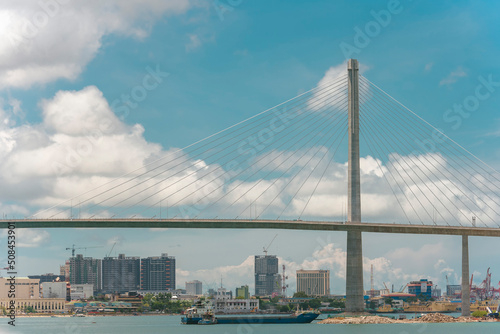 Cebu City, Philippines - One of the main pylons of CCLEX bridge, with the NRA skyline behind.