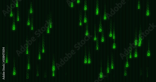 Image of green binary coding data processing over black background