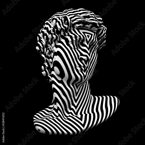 Abstract black and white striped triangles pattern illustration from 3D rendering of classical head sculpture isolated on black background. 