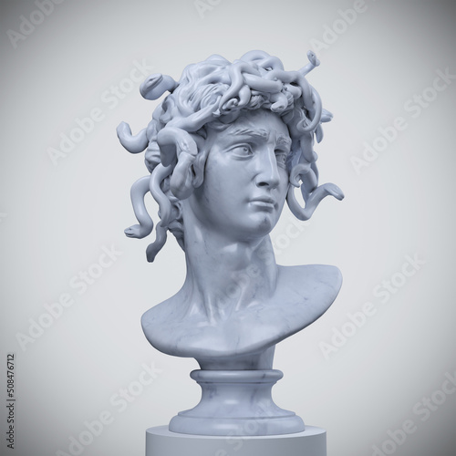 Digital illustration from 3D rendering of snake hair Medusa white marble classical head bust on a pedestal isolated on background.
