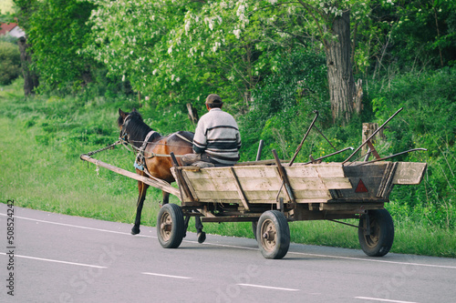 A peasant on a horse with a cart on the road