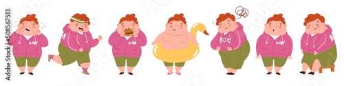 Childhood obesity. Collection of characters on the theme of overweight. Stop children's overeating. Boy suffers from corpulence. Diseases of the gastrointestinal tract. Vector illustration.