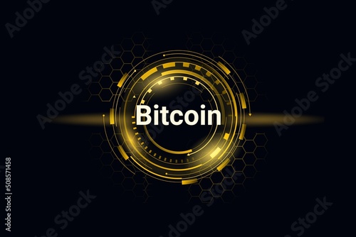 Bitcoin digital round token. Cyber cryptocoin with gold glow and techno design cryptocurrency transactions and web investment with virtual vector payment