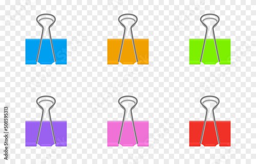 Set of vector paper clips png. Paper clips in different colors. Steel office supplies on an isolated transparent background. PNG.