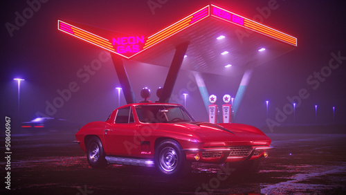 Neon gas station and retro car. Vintage cyberpunk auto. Fog rain and night. Color vibrant reflections on asphalt. Chevrolet Corvette Sting Ray. 3D illustration.