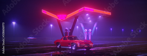 Neon gas station and retro car. Vintage cyberpunk auto. Fog rain and night. Color vibrant reflections on asphalt. Chevrolet Corvette Sting Ray. 3D illustration.