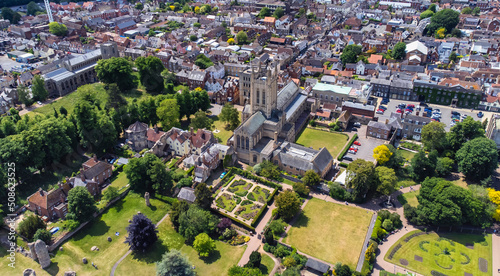 An aerial view of the St Edmundsbury Cathedral in Bury St Edmunds, Suffolk, UK