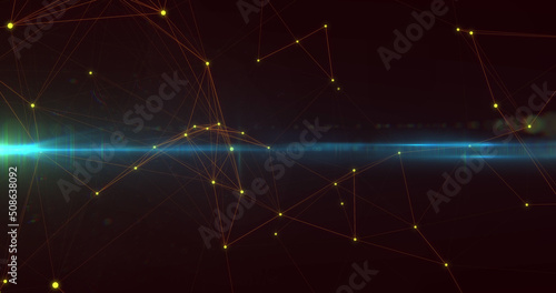 Image of network of connections with green light moving on black background