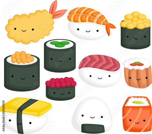 a vector of many types of sushi and a tempura 