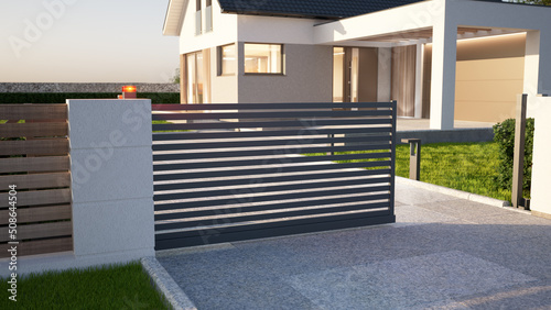 Automatic Sliding Gate and modern house, 3d illustration