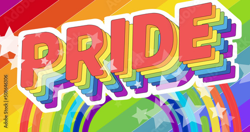 Image of stars over pride text on rainbow background