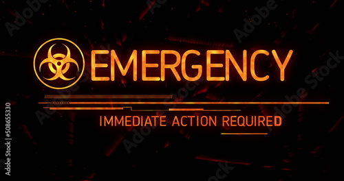 Image of emergency text with biohazard symbol on black background