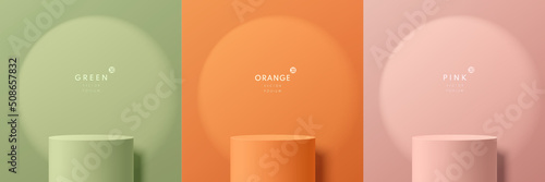 Set of green, orange, pink realistic 3D cylinder stand or podium with spotlight and shadow in round shape. Abstract minimal scene for mockup products display. Stage showcase. Vector geometric forms.