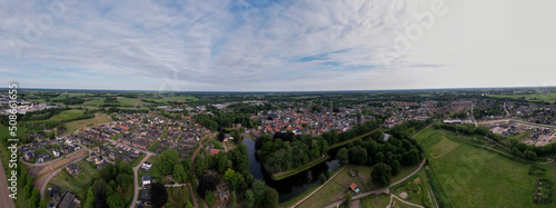360 all around view of city Groenlo in Achterhoek region of The Netherlands. Ready for VR 360 degrees aerial Dutch cityscape panorama.