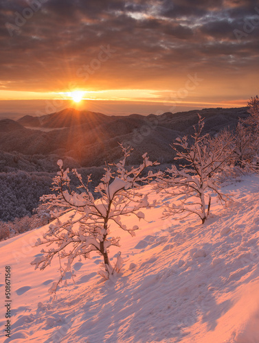 Jamnik on a beautiful winter morning with fresh snow and a vivid sunrise. 