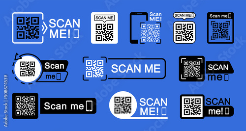 QR code scan icon set. Scan me frame. QR code scan for smartphone. QR code for mobile app, payment and identification. Vector illustration.