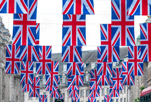 Rows of Union above Regent Street mark the Queen's Platinum Jubilee celebrations. Selective focus