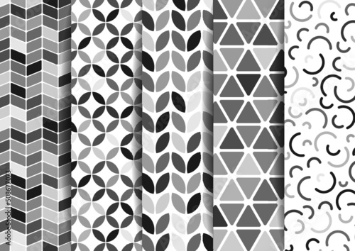 Set de patrones y texturas retro en escala de grises, papel tapiz blanco y negro vectorial geometrico