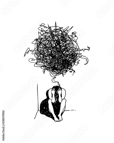 Girl sits in the corner with her head in her hands, above her a tangle of heavy thoughts