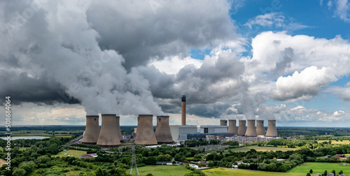 Aerial landscape view of a large Coal Fired Power Station with pollution emissions