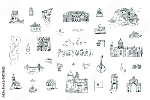 Travel lisbon portugal architecture line vector illustrations set