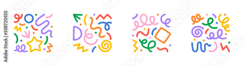 Fun colorful line doodle shape set. Creative minimalist style art symbol collection for children or party celebration with basic shapes. Simple upbeat childish drawing scribble decoration.