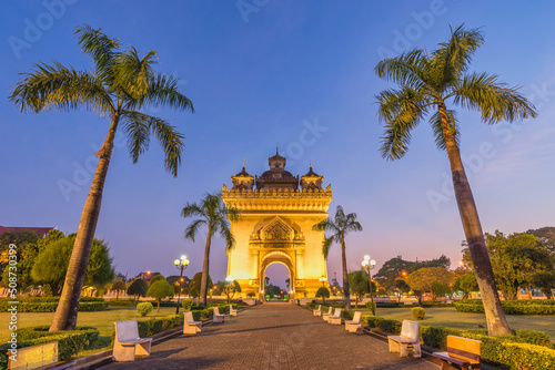 Vientiane Laos, night city skyline at Patuxai (Patuxay) the most famous landmark in Vientiane