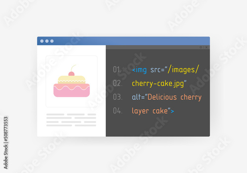 Image alt tag and title text concept. SEO optimize images for better rankings in search engines. Flat vector illustration isolated on white background