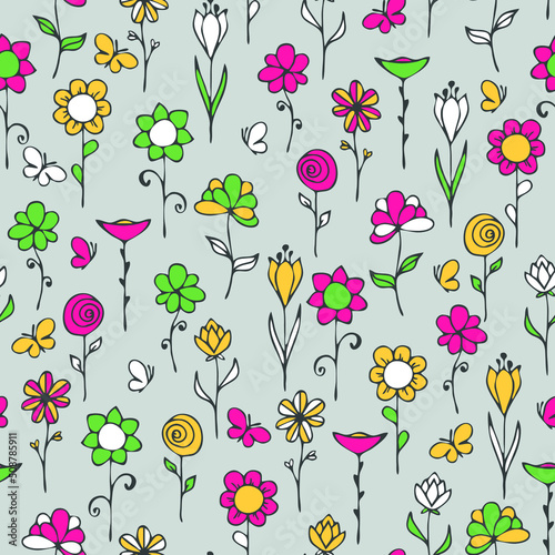 Seamless vector pattern with hand drawn floral bloom on grey silver background. Simple flower meadow wallpaper design. Decorative baby fashion textile.