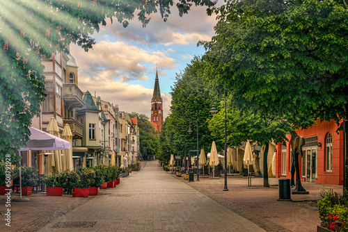 Morning summer sunny street in Sopot