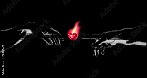 Hands of God and Adam going to touch together. Concept Divine touch and creation in cyberpunk ASCII design 