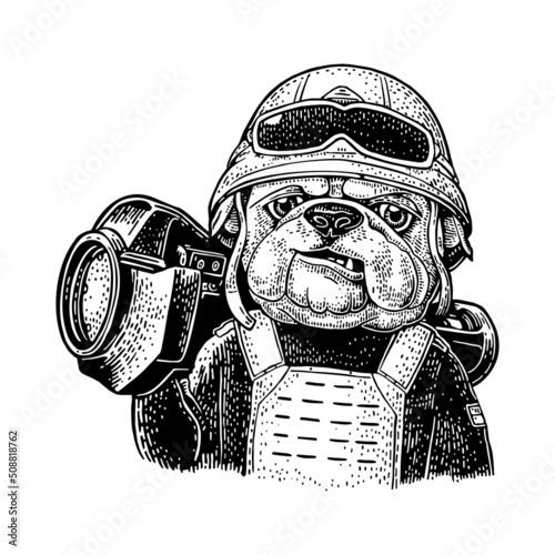 Dog soldier dressed in a helmet and body armor. Vector hand drawn black vintage engraving. Isolated on white background. For poster and t-shirt