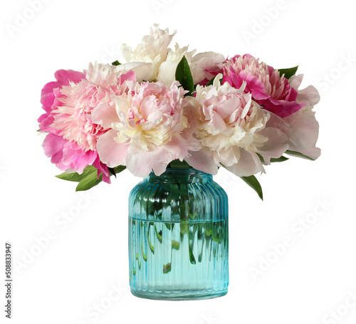 peonies in a glass vase, isolated